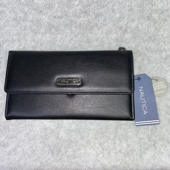 Nautica Womens Trifold Black Wallet 8” x 4.5” ID Safe RFID Protection New W Tag - Picture 1 of 13